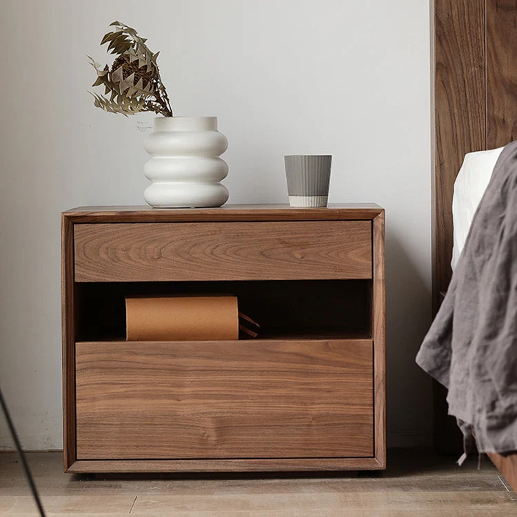 Mesita de noche moderna de madera maciza con 2 cajones y cama de almacenamiento Negro Clearhalo