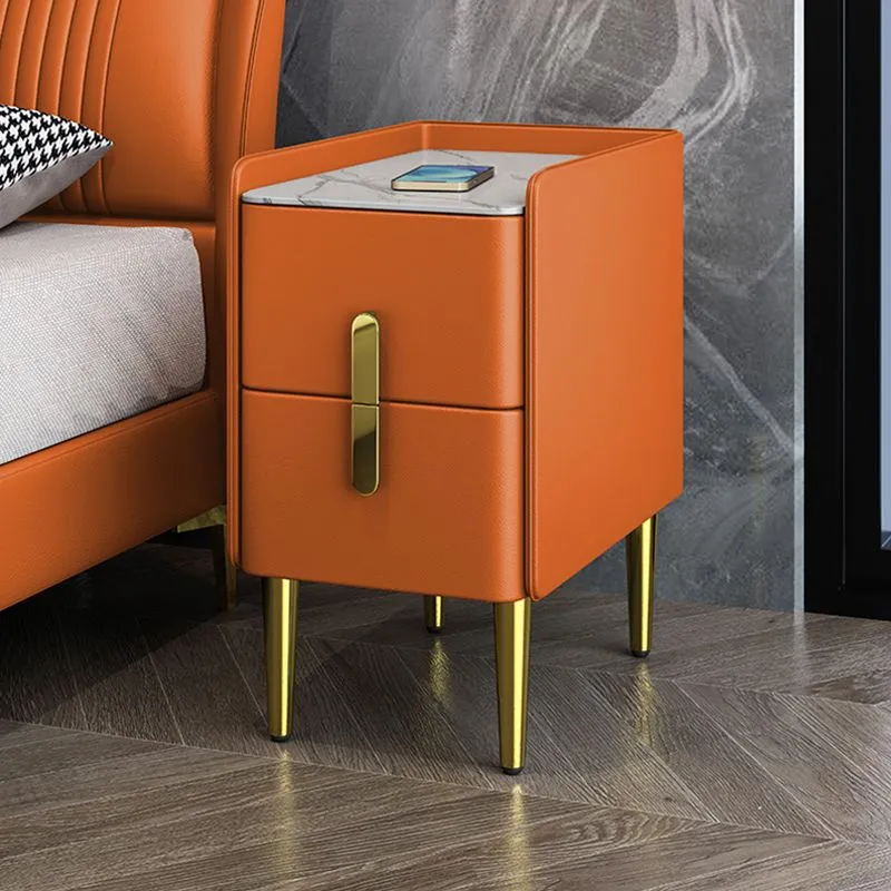 Mesita de noche moderna de piedra con 2 cajones Naranja Clearhalo