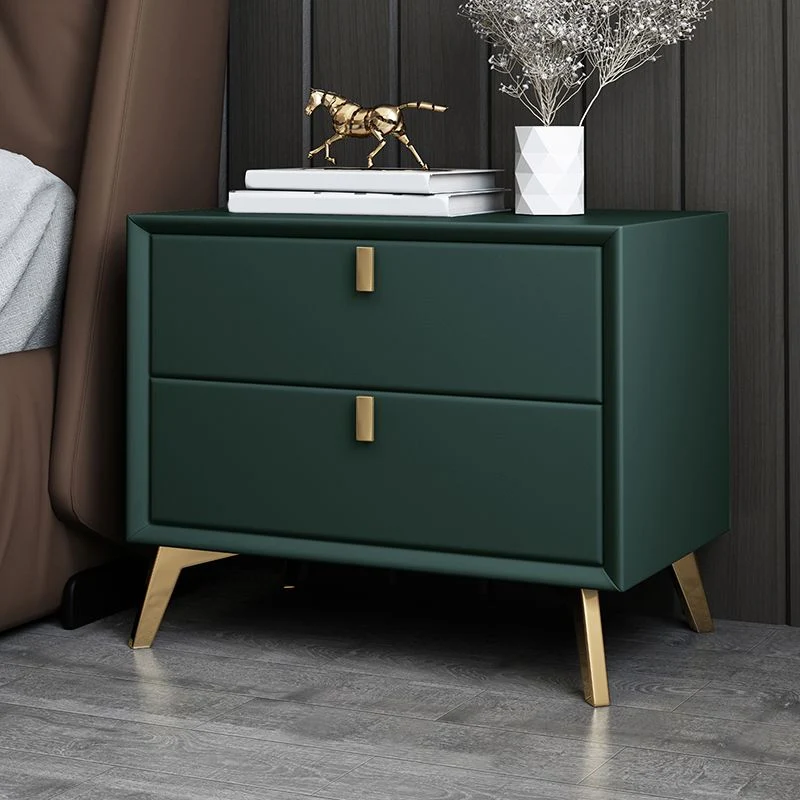 Mesita de noche de piel sintética Glam con almacenamiento de 2 cajones Mesita de noche de madera maciza con patas Blanco C...