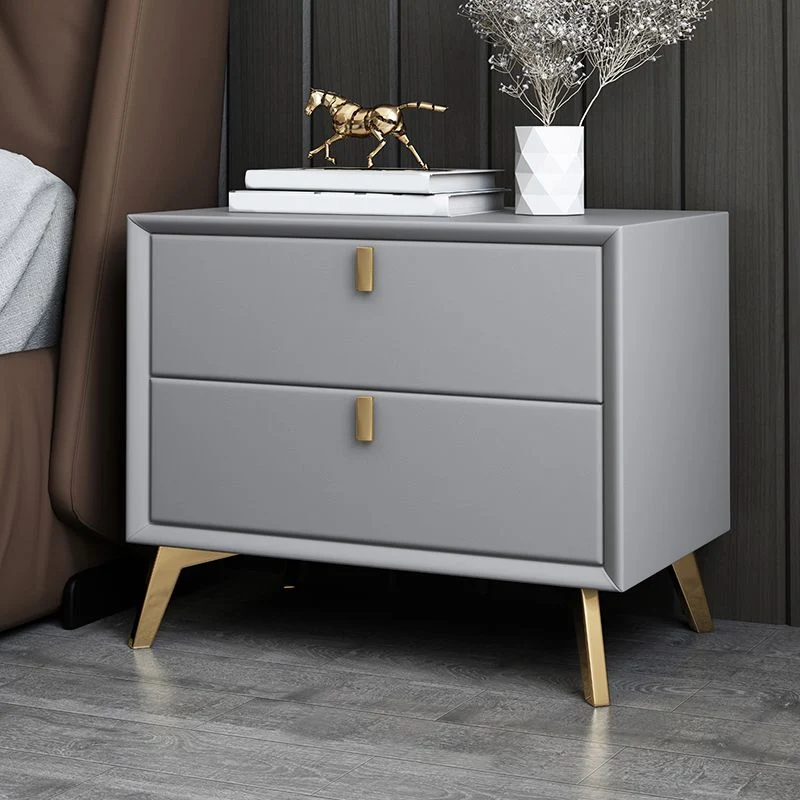 Mesita de noche de piel sintética Glam con almacenamiento de 2 cajones Mesita de noche de madera maciza con patas Blanco C...
