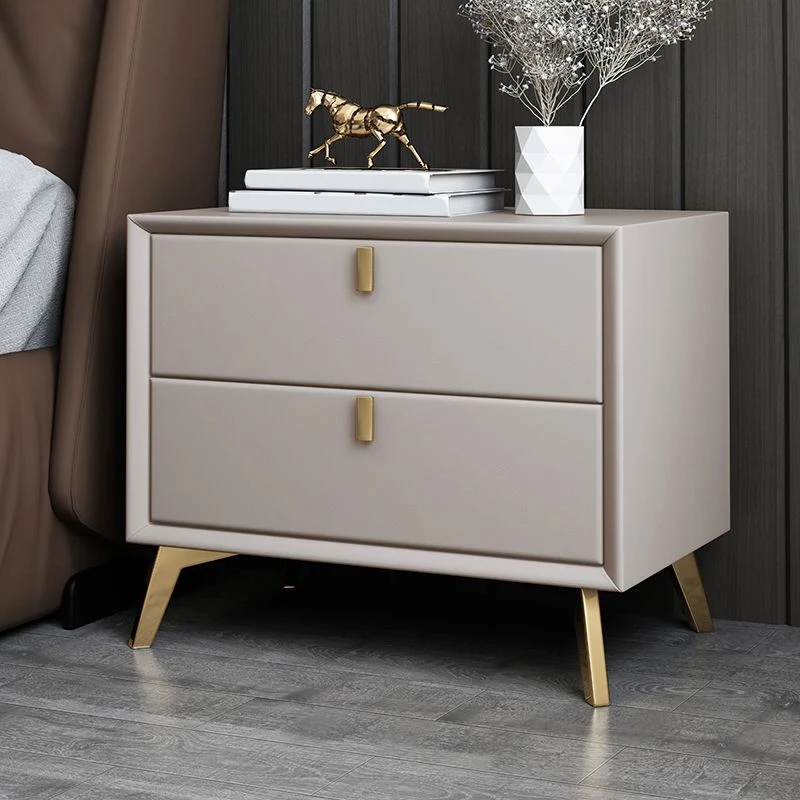 Mesita de noche de piel sintética Glam con almacenamiento de 2 cajones Mesita de noche de madera maciza con patas Blanco C...