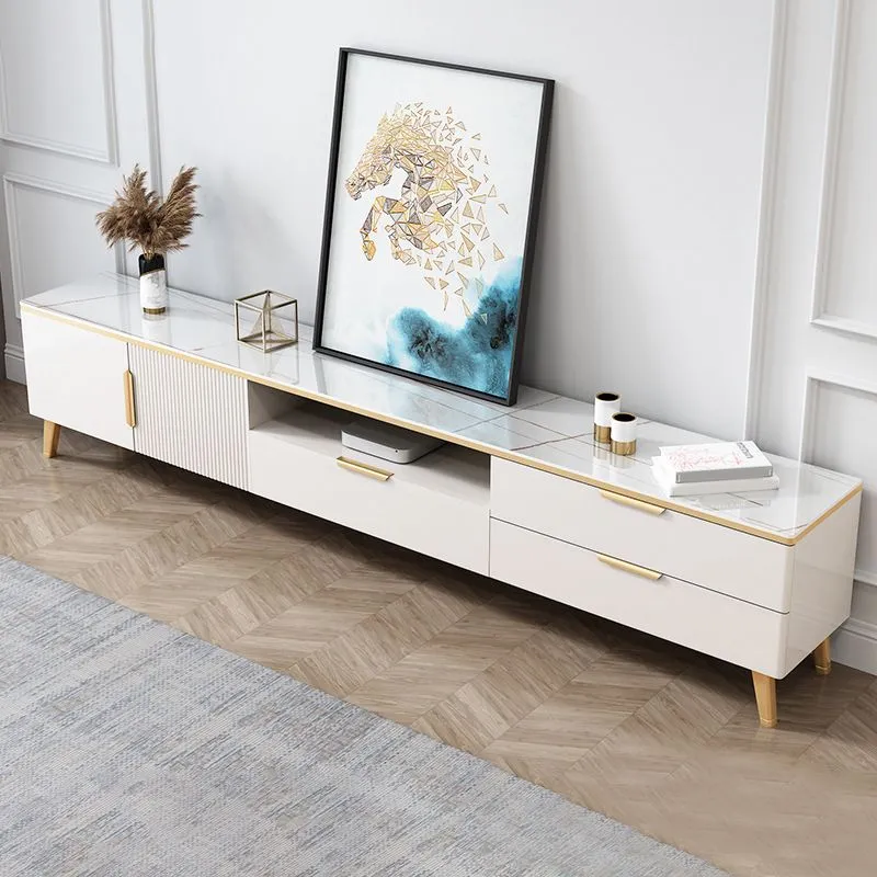 Mueble para TV de 17,72" de alto con 1 estante abierto y consola para TV con tapa de piedra glamurosa de 2 puertas Clearhalo