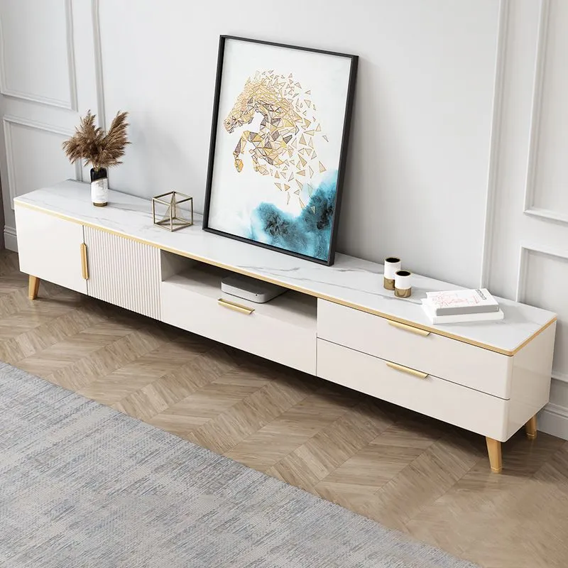 Mueble para TV de 17,72" de alto con 1 estante abierto y consola para TV con tapa de piedra glamurosa de 2 puertas Clearhalo