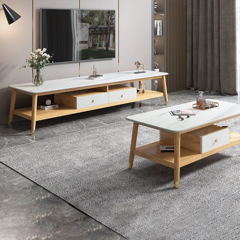 Mueble para TV de 18,11"H Consola para TV de madera maciza de estilo contemporáneo con 2 cajones Naturales Clearhalo
