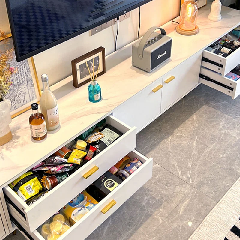 Mueble para TV estilo Glam blanco, mueble para TV con almacenamiento cerrado de piedra y 4 cajones Clearhalo