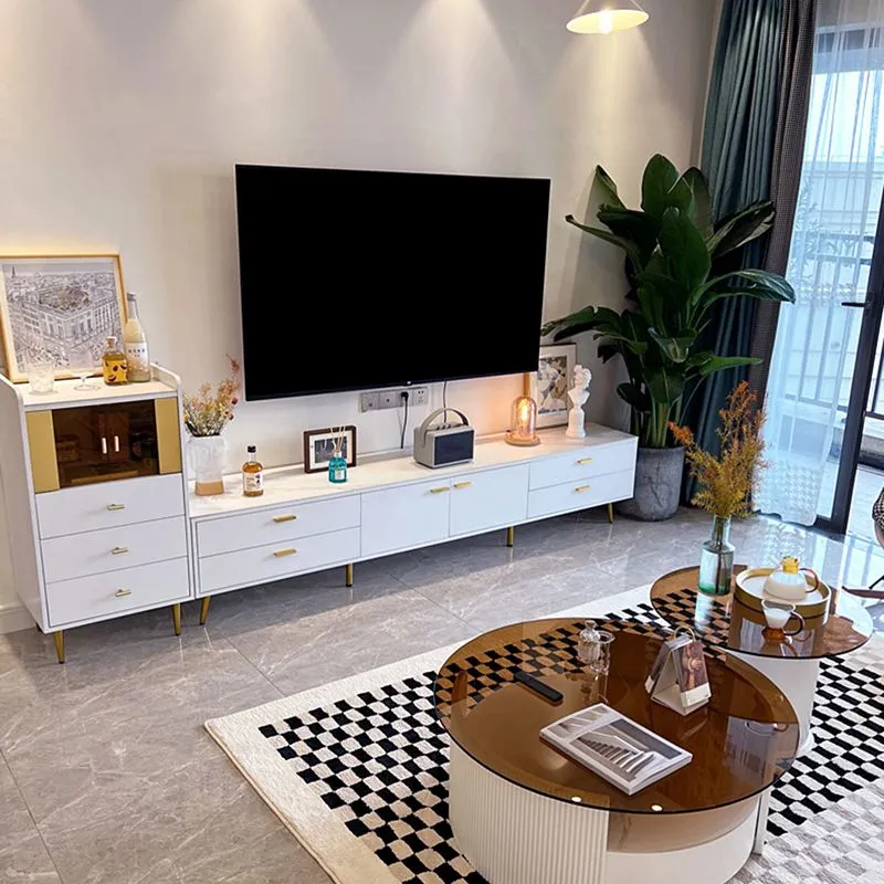 Mueble para TV estilo Glam blanco, mueble para TV con almacenamiento cerrado de piedra y 4 cajones Clearhalo