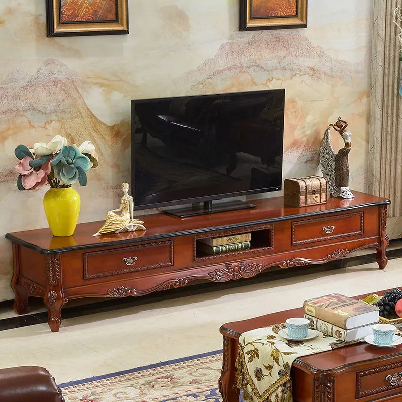 Mueble para TV de estilo tradicional marrón, mueble para TV de madera de roble con 2 cajones Clearhalo