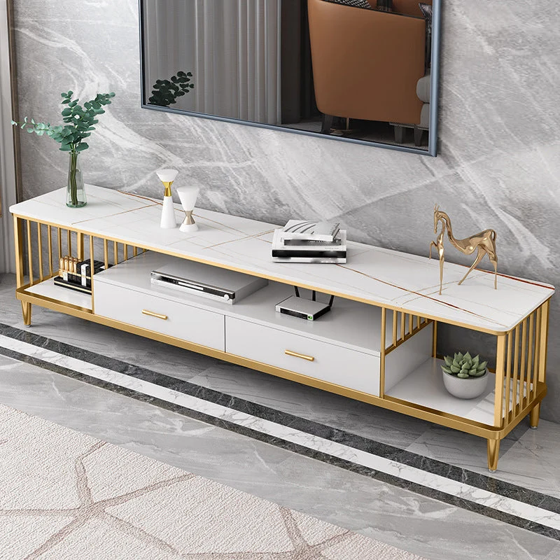 Mueble de TV para el hogar con 2 cajones y estantes, estilo piedra, estilo Glam Blanco Clearhalo