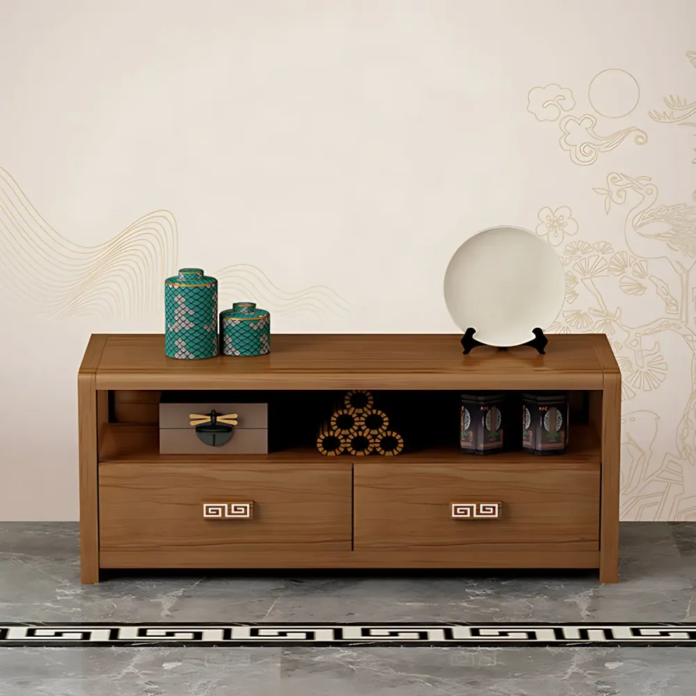 Mueble para TV de madera de caucho marrón Mueble para TV de estilo moderno con 2 cajones Clearhalo