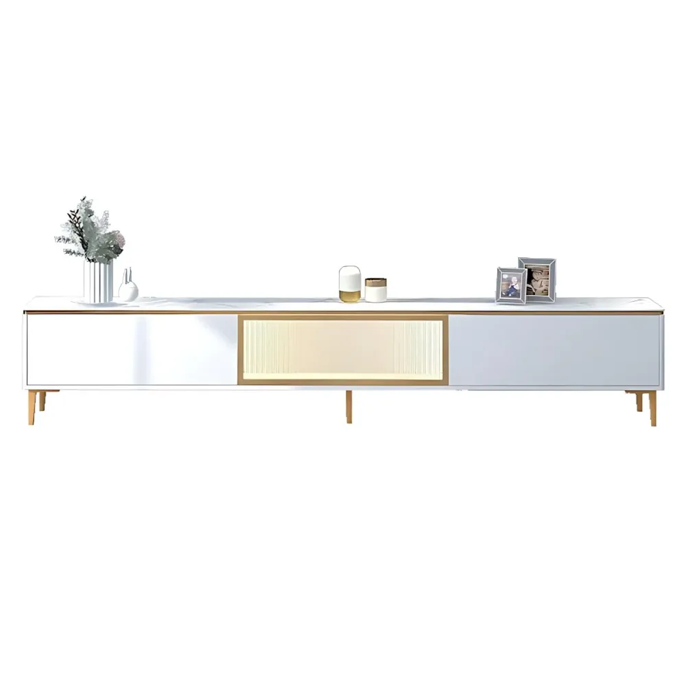 Mueble para TV de piedra estilo Glam, mueble para TV con almacenamiento cerrado, color blanco, con 2 cajones Clearhalo