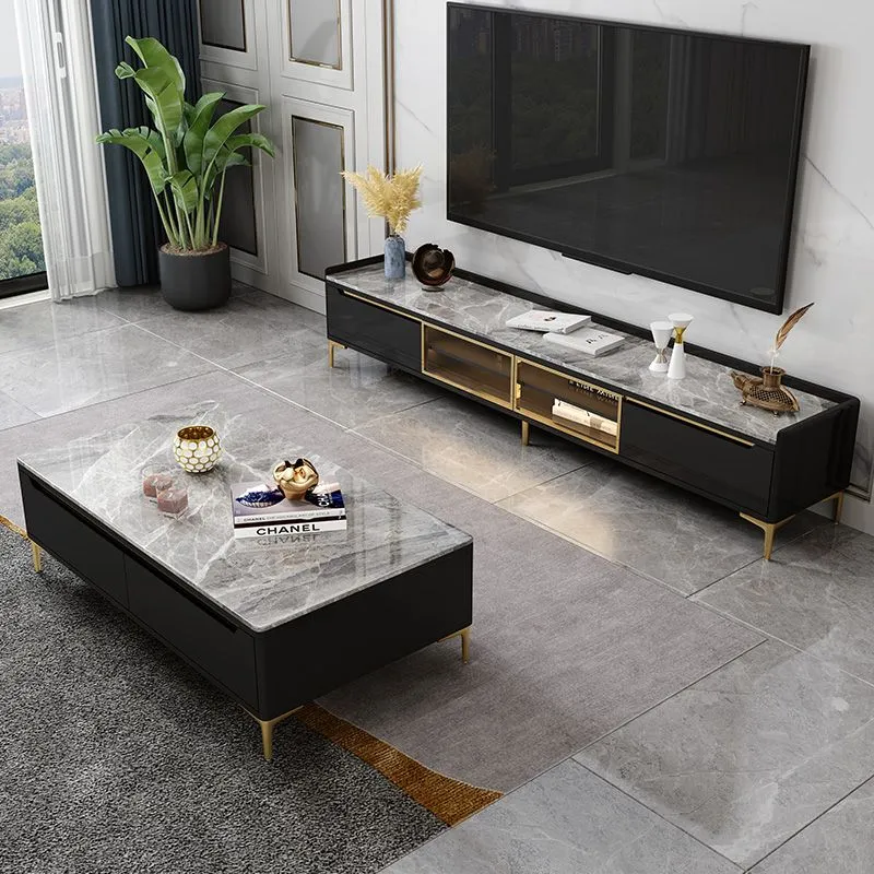 Mueble para TV de piedra estilo Glam, mueble para TV con almacenamiento cerrado, puerta y cajones Negro Clearhalo