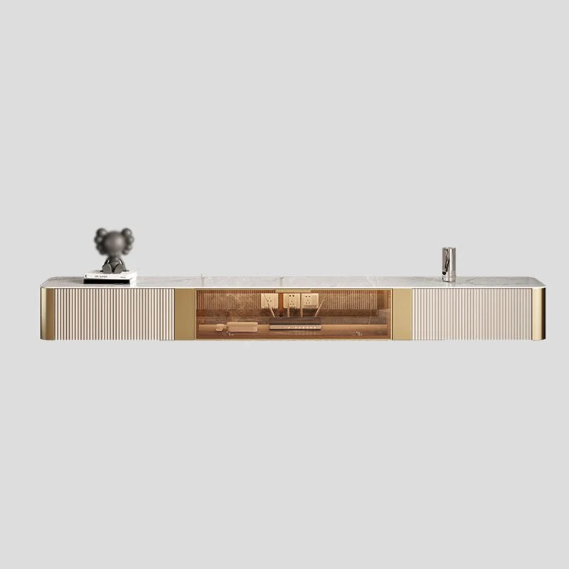 Mueble para TV de piedra montado en la pared, mueble para TV estilo Glam con 2 cajones y puerta de cristal Clearhalo