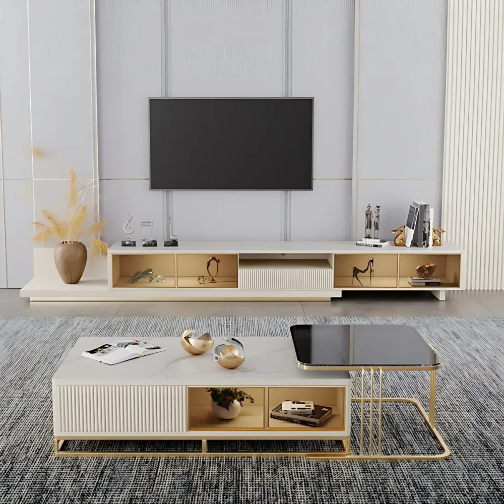 Mueble de TV rectangular de lujo con estanterí abierta de piedra sinterizada para TV Bronceado Clearhalo