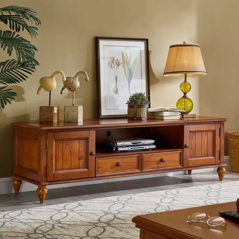 Mueble de TV tradicional de madera maciza con cajones y puertas Marron Clearhalo
