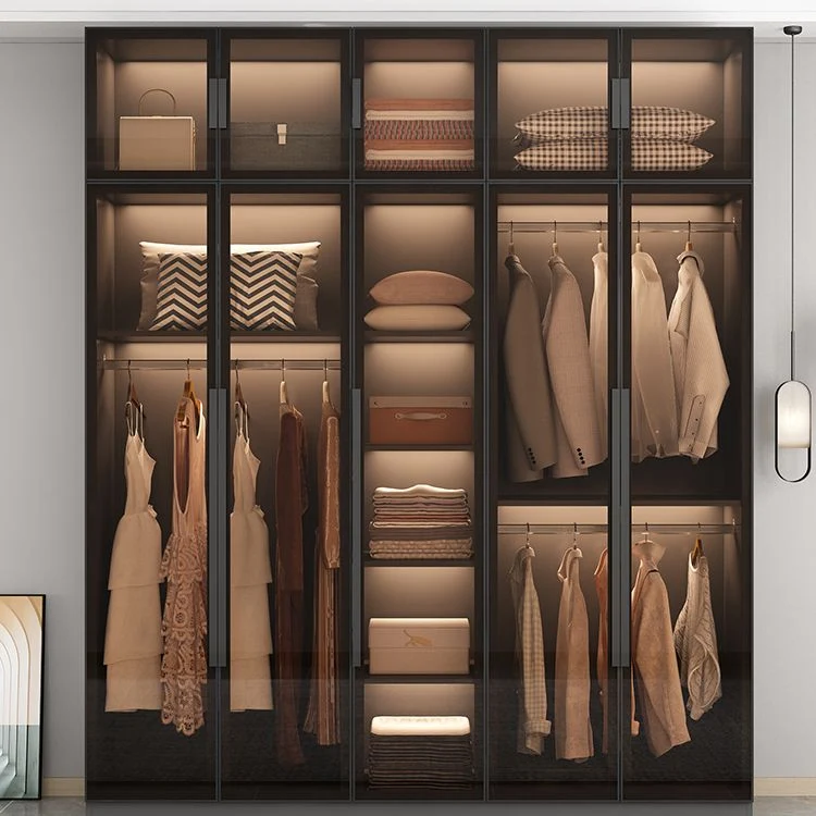 Puertas de cristal moderadas armario multifuncionales independientes del guardarropa moderno del marco de madera Clearhalo