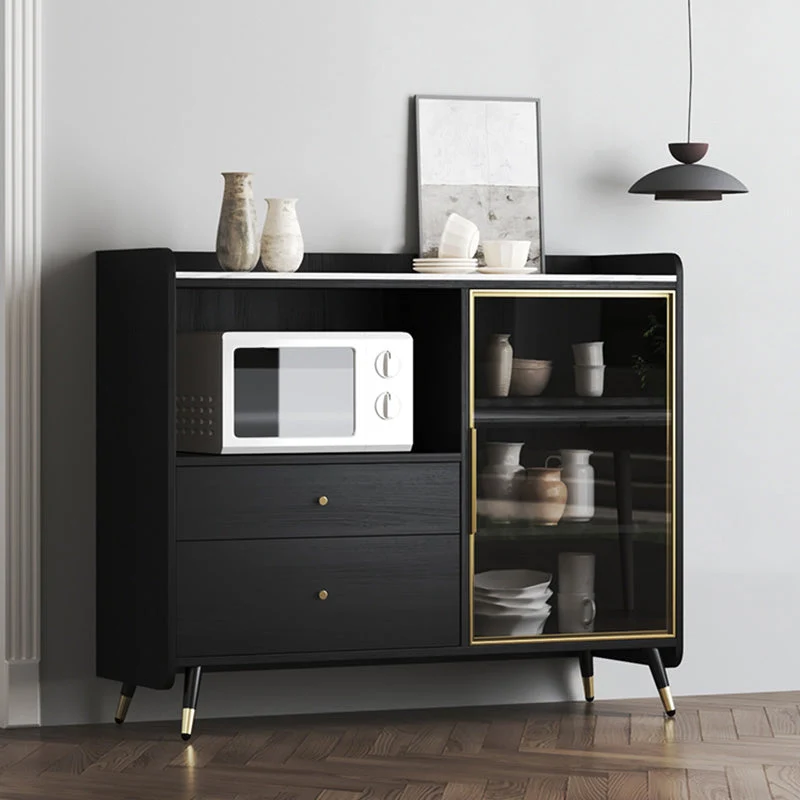 Servidor de almacenamiento abierto negro Servidor de comedor de madera Glam con 2 cajones Clearhalo
