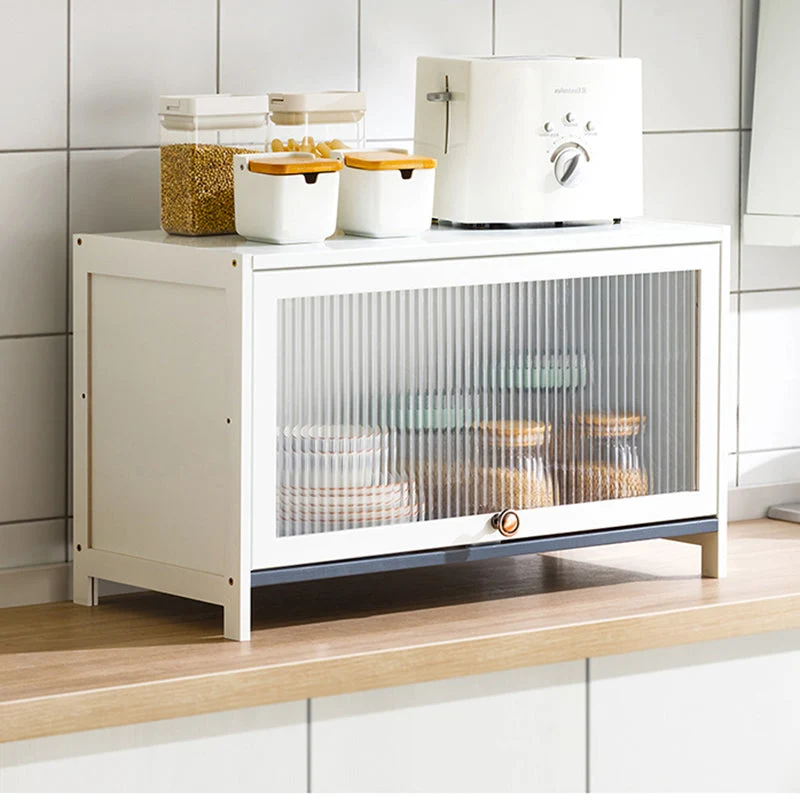 Servidor de buffet de bambú blanco con puertas de vidrio Servidor de comedor moderno Clearhalo