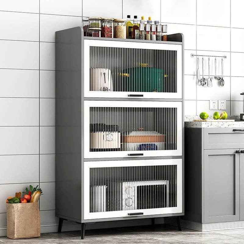 Servidor de comedor de madera Servidor moderno con puertas de vidrio para sala de estar Gris Clearhalo