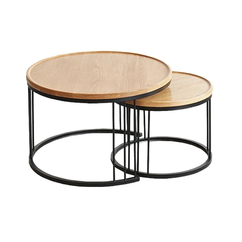 Sistema de mesa de centro anidado redondo natural industrial con marco de madera maciza 2 Clearhalo