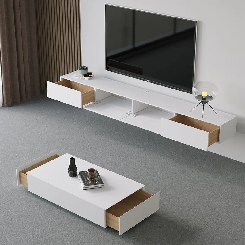 Soporte flotante para TV de esquina del modernismo, soporte de madera para TV en blanco con almacenamiento Clearhalo
