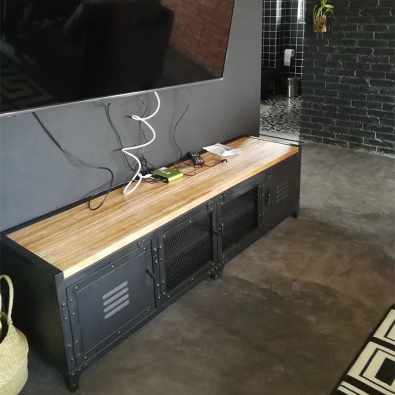 Soporte industrial para TV de 18" H con almacenamiento, consola para TV de madera maciza y hierro envejecido Bronce Clearhalo