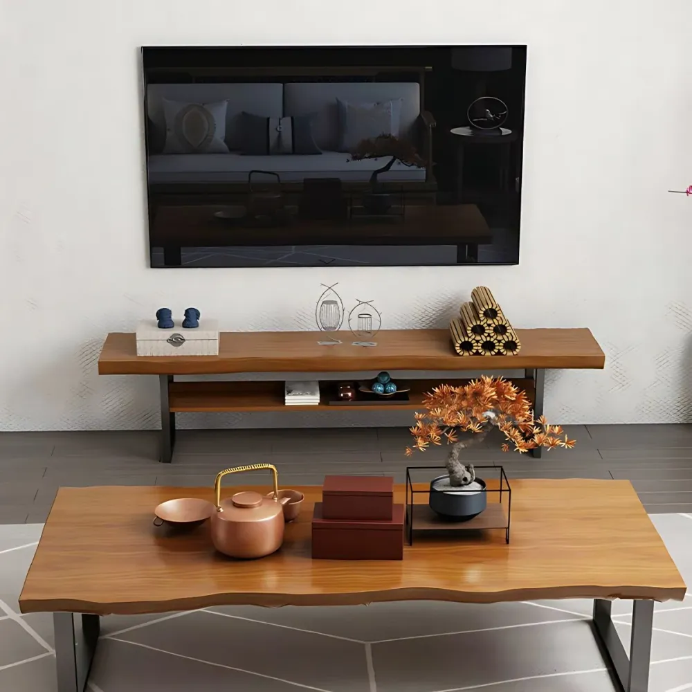 Soporte industrial para TV con tapa de madera de pino, consola multimedia marrón con estantes Clearhalo