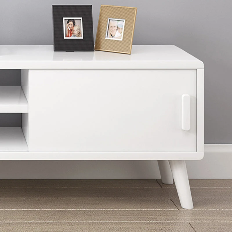 Soporte de madera de caucho para TV, consola de almacenamiento abierto para TV con 2 puertas correderas, 12" D X 17" H Mad...
