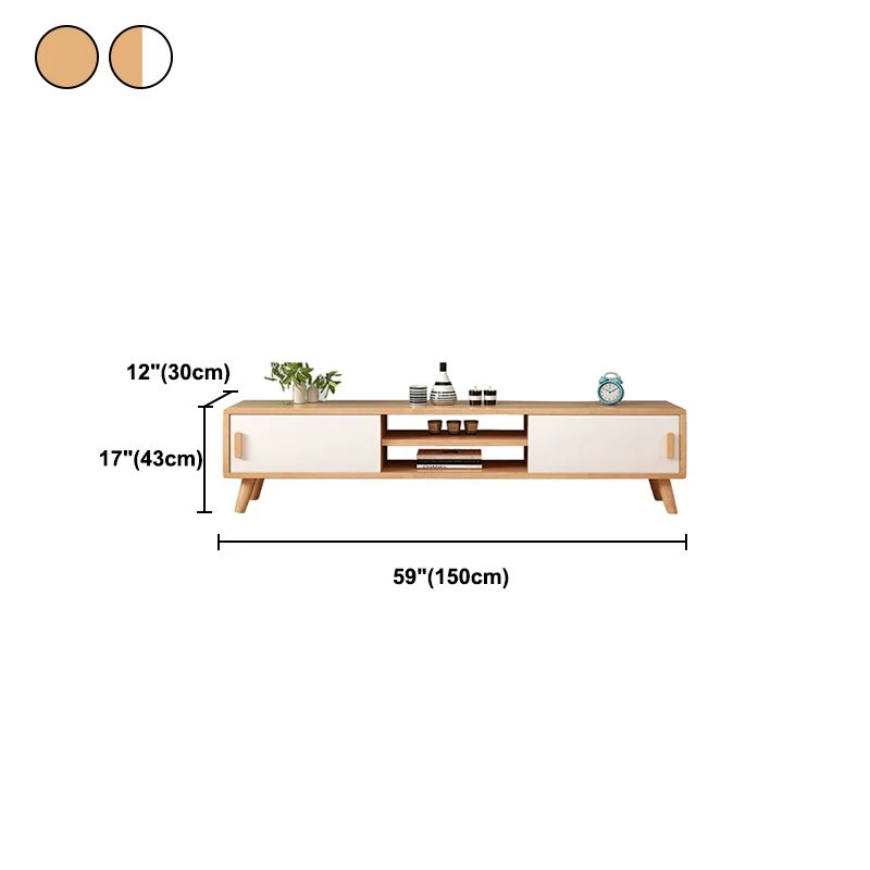 Soporte de madera de caucho para TV, consola de almacenamiento abierto para TV con 2 puertas correderas, 12" D X 17" H Mad...