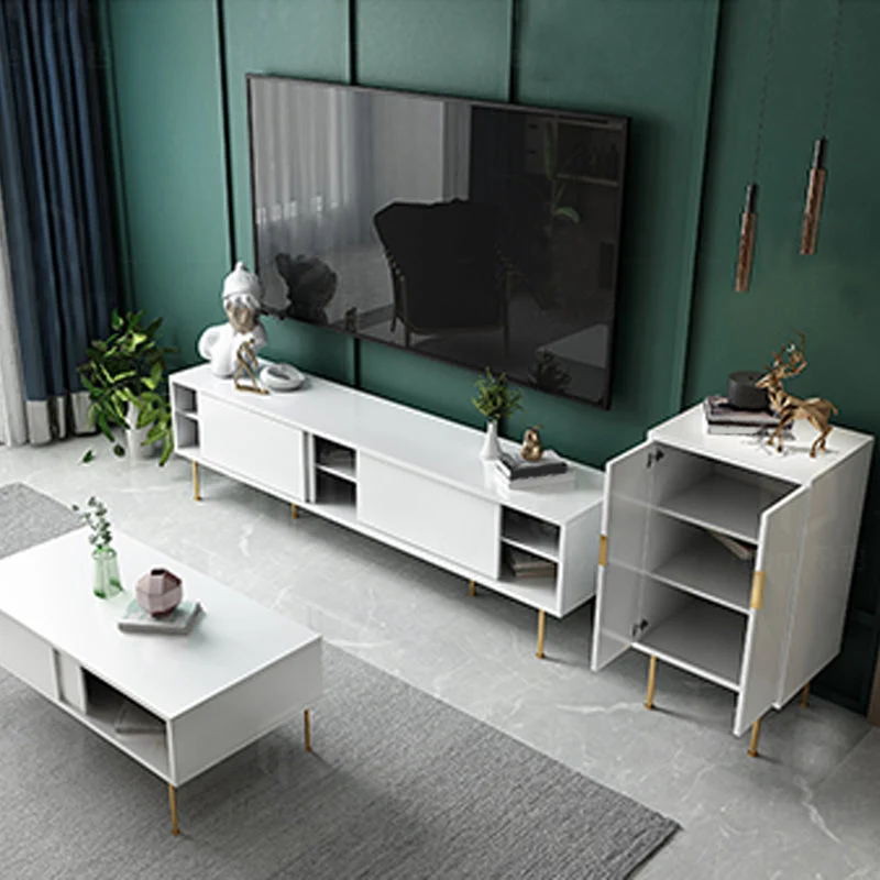 Soporte de TV de madera moderno, consola de TV de almacenamiento cerrada blanca con puerta corredera Blanco Clearhalo