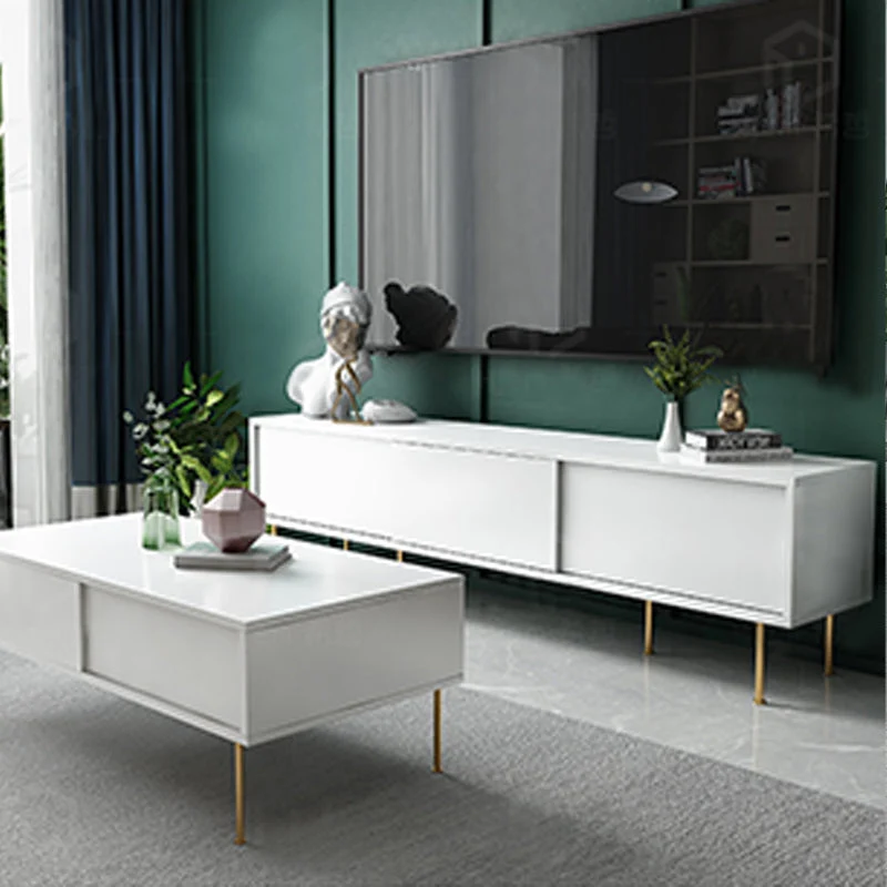 Soporte de TV de madera moderno, consola de TV de almacenamiento cerrada blanca con puerta corredera Blanco Clearhalo