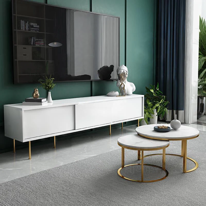 Soporte de TV de madera moderno, consola de TV de almacenamiento cerrada blanca con puerta corredera Blanco Clearhalo