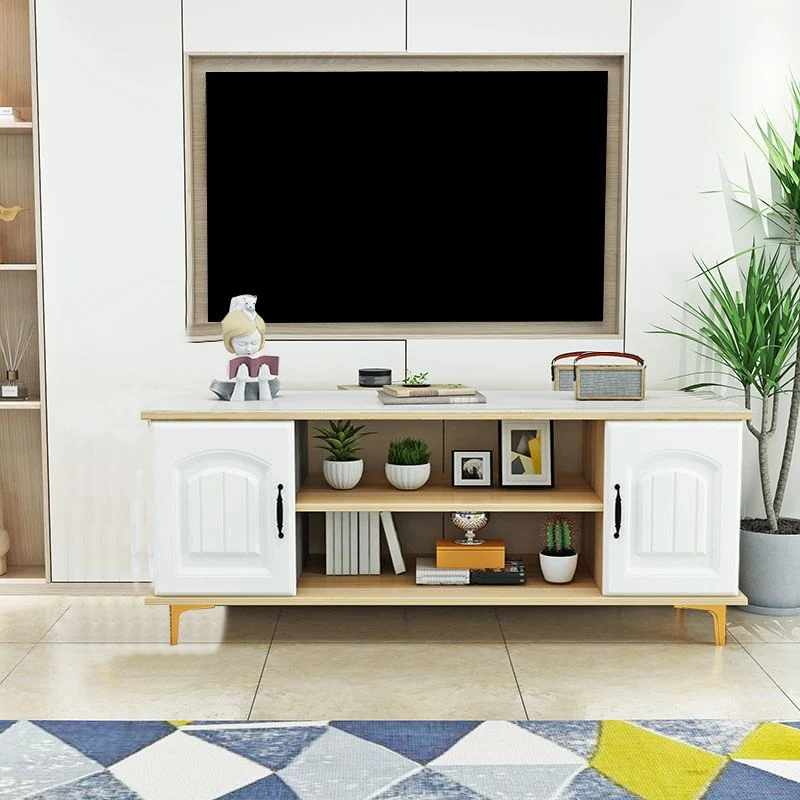 Soporte de madera moderno para TV, consola abierta, almacenamiento para TV con 2 puertas, 12" D X 17" H Caqui Clearhalo