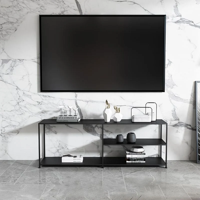 Soporte de TV de metal de estilo industrial Consola de TV de almacenamiento abierto con estantes Negro Clearhalo