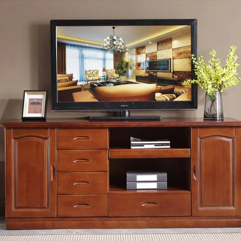Soporte de TV moderno, consola de TV de almacenamiento abierto de madera de caucho con cajones y puertas Nuez Clearhalo