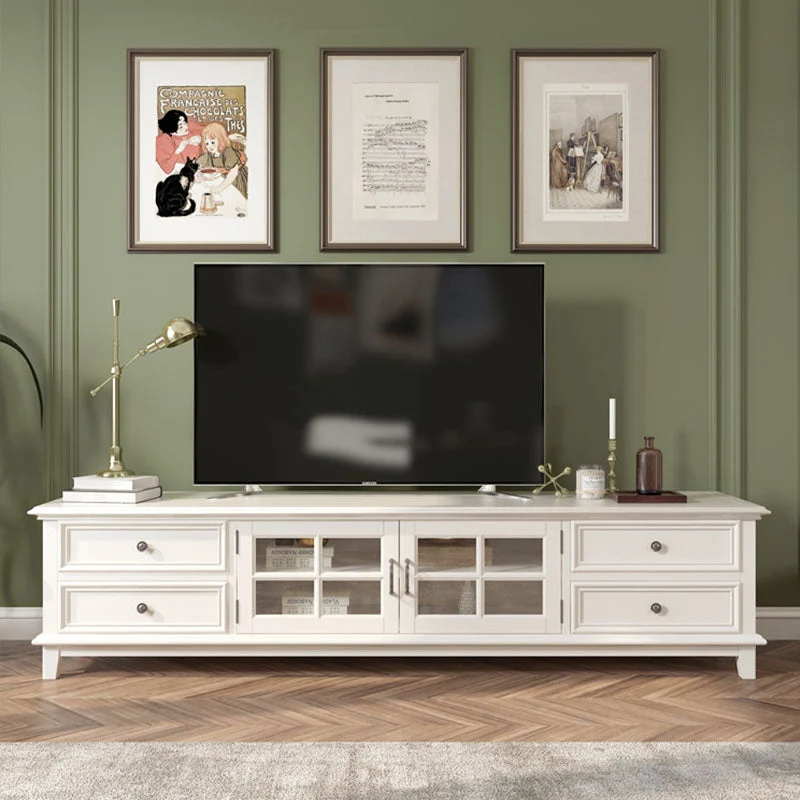 Soporte multimedia para TV de madera de fresno contemporáneo Consola multimedia de madera blanca con cajones Clearhalo