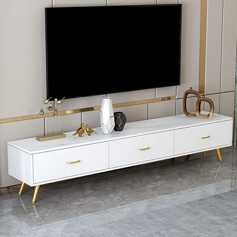 Soporte multimedia para TV moderno con patas de metal dorado Consola multimedia con tapa de piedra y cajones Clearhalo