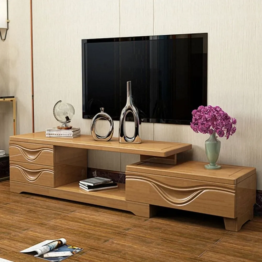 Soporte multimedia para TV tradicional con cajones Consola multimedia de madera de caucho Marron Clearhalo