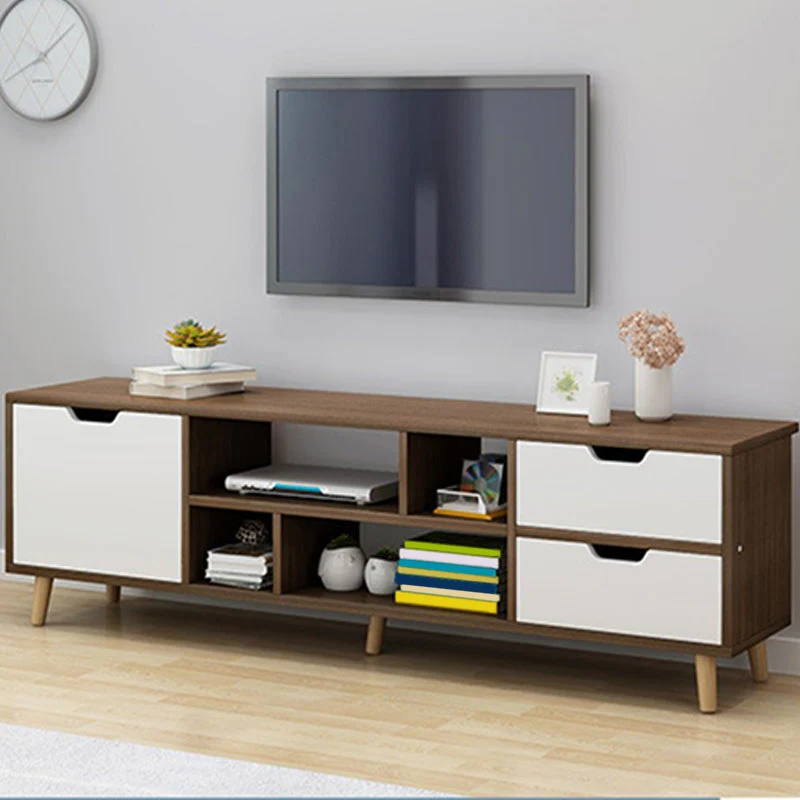 Soporte nórdico para TV de 12" de profundidad, consola de TV de madera con almacenamiento abierto, cajones y puerta Blanco...