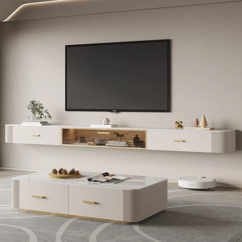Soporte para TV de 11,81 pulgadas de ancho, consola de TV blanca montada en la pared estilo Glam con 2 cajones Clearhalo