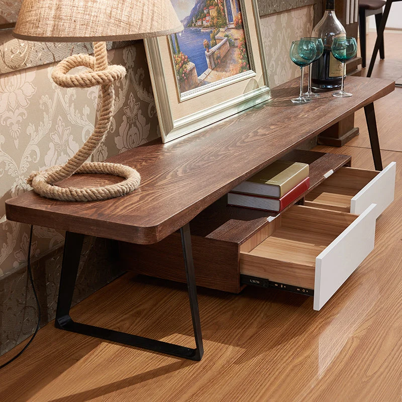 Soporte para TV de 15,75 pulgadas de alto, consola de TV de madera maciza marrón de estilo industrial para sala de estar C...