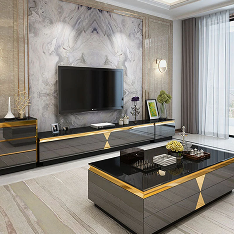 Soporte para TV de 15,75 pulgadas de alto, consola para TV con almacenamiento cerrado estilo Glam en negro con 2 cajones C...