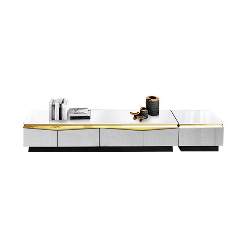 Soporte para TV de 15,75 pulgadas de alto, consola para TV con almacenamiento cerrado estilo Glam y 4 cajones Blanco Clear...