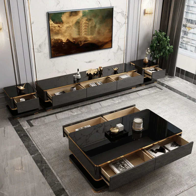 Soporte para TV de 16,14 pulgadas de alto, consola para TV con almacenamiento cerrado estilo Glam en negro con 3 cajones C...