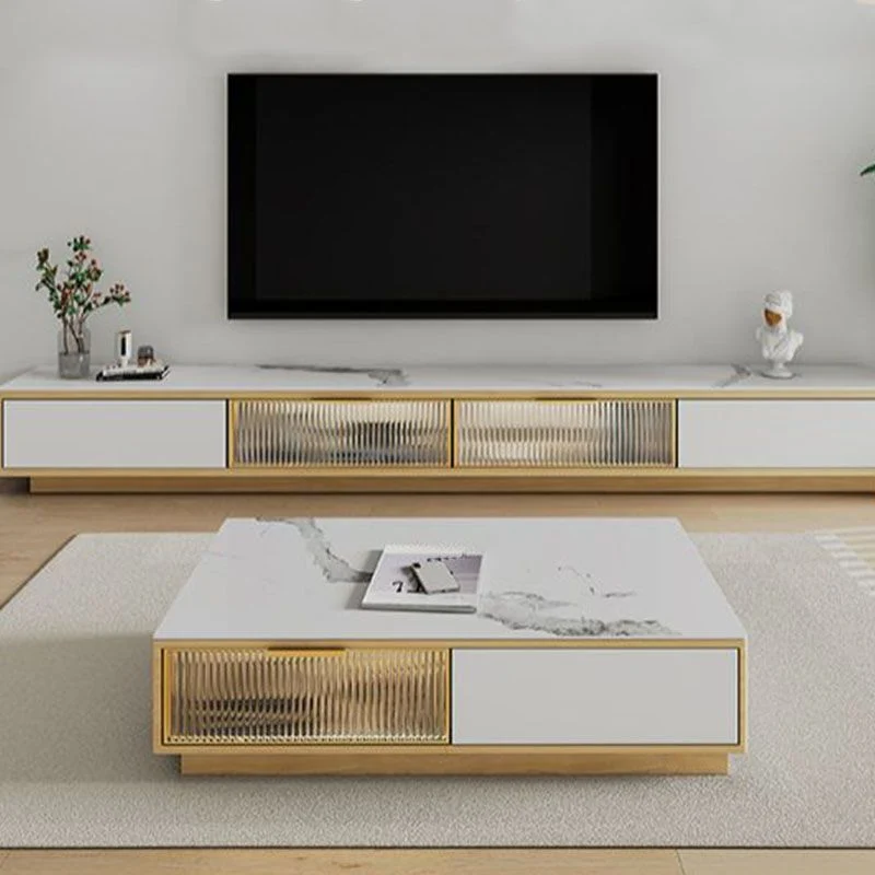 Soporte para TV de 17,13 pulgadas de alto, consola de TV blanca con almacenamiento cerrado estilo Glam con cajones Clearhalo