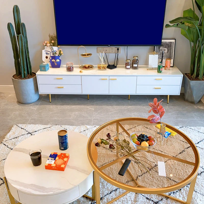 Soporte para TV de 17,72 pulgadas de alto, consola de TV blanca estilo Glam con 4 cajones para sala de estar Clearhalo