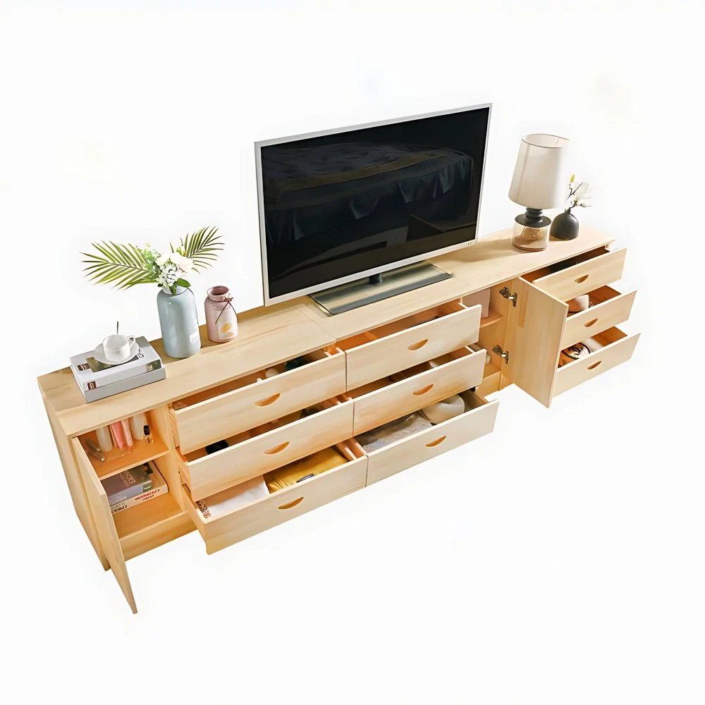 Soporte para TV de estilo escandinavo Consola de TV con almacenamiento cerrado abierto de madera de pino Naturales Clearhalo