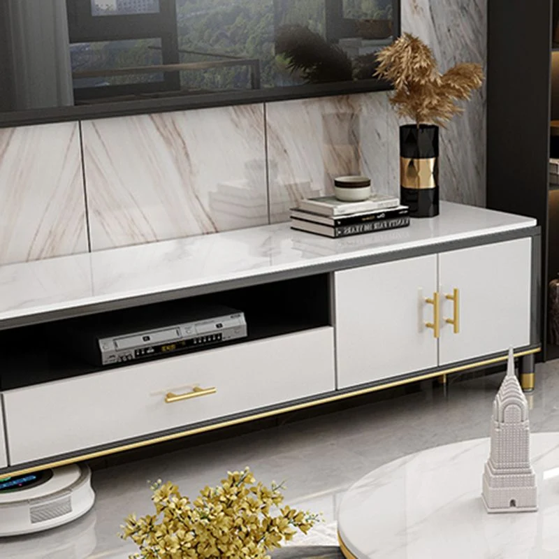 Soporte para TV estilo Glam, consola de TV con almacenamiento abierto de piedra y gabinete Clearhalo
