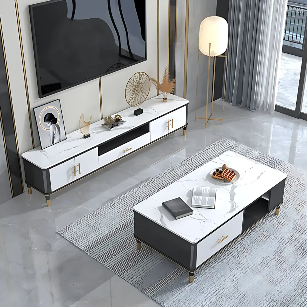 Soporte para TV estilo Glam, consola de TV con almacenamiento abierto de piedra y estantes Blanco Clearhalo