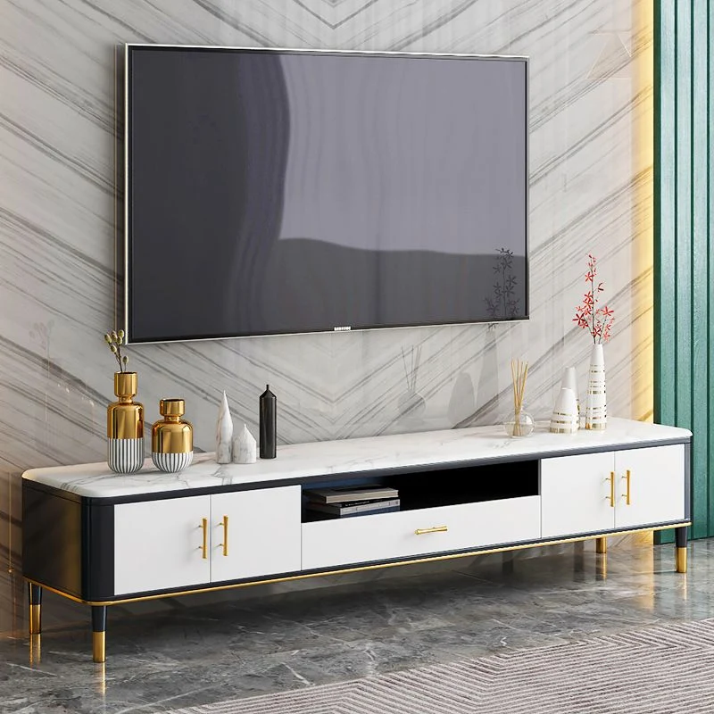 Soporte para TV estilo Glam, consola para TV con almacenamiento abierto, color blanco piedra, con estantes Clearhalo