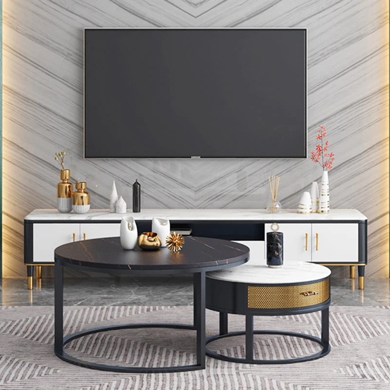 Soporte para TV estilo Glam, consola para TV con almacenamiento abierto, color blanco piedra, con estantes Clearhalo